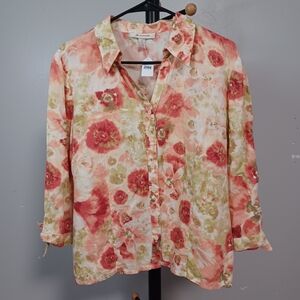 #87 JM Collection Linen 3/4 Sleeve Button Down Top Size 12